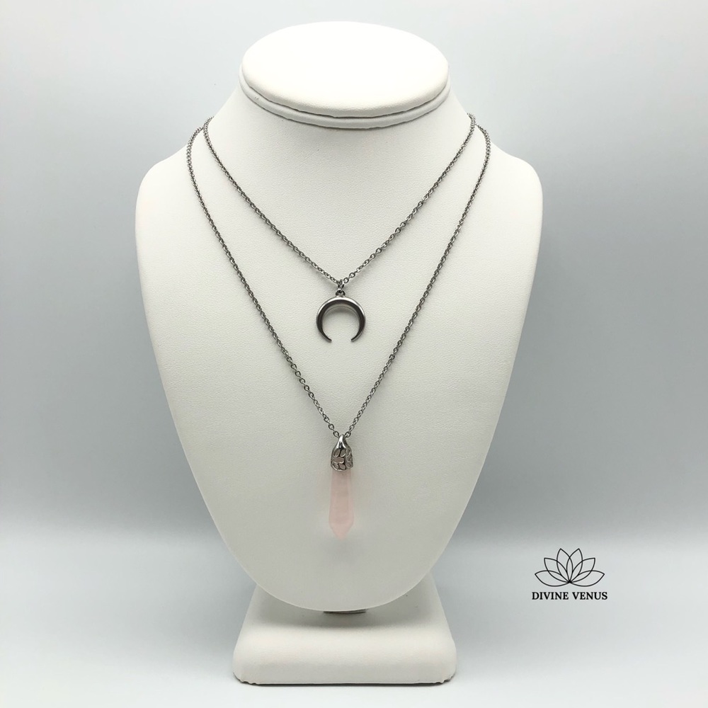 Rose Quartz Crescent Moon Layered Necklace - Picture 4 of 15